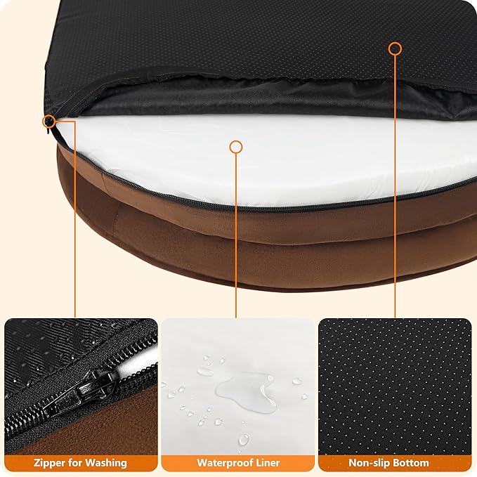 Dwanton Orthopedic Dog Bed for Large Dogs with Gel Memory Foam, Waterproof Dog Sofa, Washable Pet Bed with Four Sided Bolster Cushion, Removable Cover & Non-Slip Bottom, 42", Brown