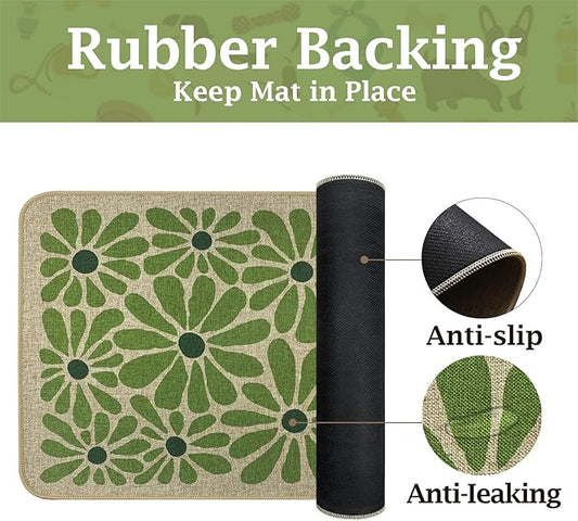 SHIYUE Dog Food Mats for Floors, Absorbent Cat Bowl for Food and Water, Non-Slip Accessories Pet Supplies(12"x20",Green Flower)