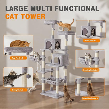 Sweetcrispy 71 inch Cat Tree Tower, Large Multi Level Cat Climbing Tower with Condo, Natural Sisal Scratching Posts, Platform, Hammock, Basket, Tall Pet Tree House for Indoor Cats Play, Light Grey