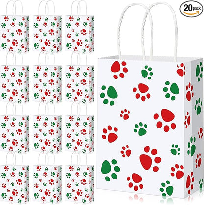 Blulu 20 Pcs Christmas Red Green Puppy Dog Paw Gift Bags with Paper Twist Handles, Dog Paper Gift Paw Treat Goodie Bags for Pet Treat Party Favor, 6.3 x 3.1 x 8.6 Inch