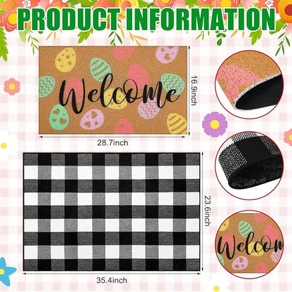 Tinideya 2 Pcs Easter Day Door Mat Eggs Welcome Non Slip Coir Mats Holiday Black and White Plaid Floor Layering Doormats Seasonal for Front Porch Entryway Decor(Easter Eggs)