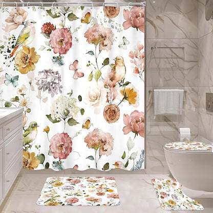 4 PCS Spring Floral Birds Bathroom Set with Shower Curtain and Rugs 72Wx72H Inch Flower Plant Watercolor Non-Slip Bath Rug Toilet Lid Cover and U Shape Mat Accessories 12 Hooks Bathoom Decor