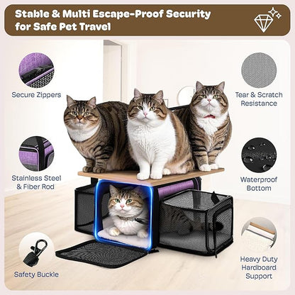 Top and 2 Sides Expandable Cat Carrier 18x11x11, TSA Airline Approved Dog Carriers for Small Dogs, Soft-Sided Pet Carrier with Self-Locking Zippers for Kitten,Rabbit, Puppy, Guinea Pig Purple