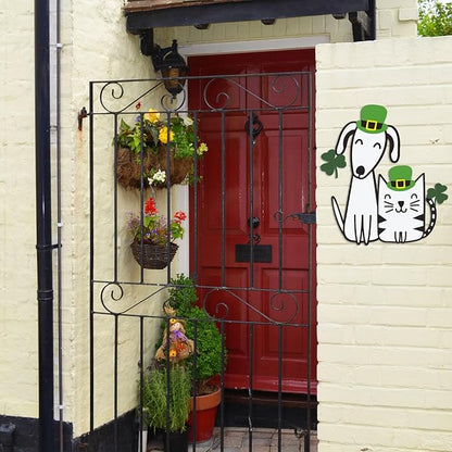 Fiwochic St Patrick's Dogs Cat Decorations Metal Shamrock Wall Art Irish Pet Hanging Signs Farmhouse Rustic Irish Clover Green Decor Gift for Front Door Porch Hallway Outdoor Garden 15.8 x 12 Inch