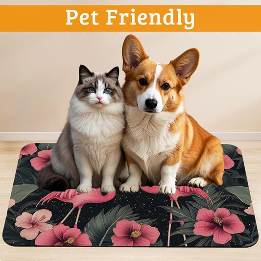 Pet Feeding Mat,Pink Flamingo Absorbent Dog Cat Food Mat Palm Leaves Dog Mat with Rubber Backing,Non-Slip Water Bowl Placemat,Pet Supplies 16" x 24"