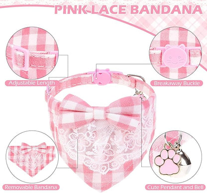 EXPAWLORER Cute Cat Collar Breakaway with Bells - 2 Pack Adjustable Plaid Pet Collar with Removable Bow Tie and Bandana, Safety Buckle for Girl Boy Cats Kitten, Pink Plaid