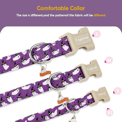 Faygarsle Halloween Dog Collar with Charm, Purple with Ghost Pattern, Adjustable Pet Collar for Small Medium Large Dogs S