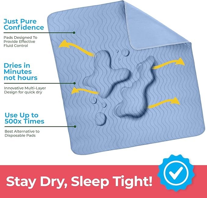 Utopia Bedding Washable Underpads 34" x 36" (Pack of 2), Waterproof Reusable Heavy Absorbency Incontinence Bed Pads for Adults, Kids, Elderly and Pets, Bedwetting Pads for Sofa and Couch (Blue)