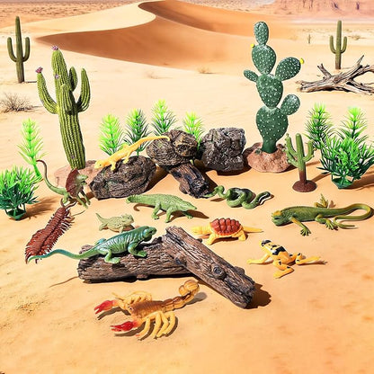 32Pcs Desert Reptiles Animals Figures Toys School Projects Diorama Kit Lizard Snake Cactus Plants Rock Playset for Kids Toddlers Cake Toppers Birthday Party Favor Decorations