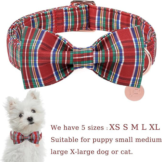 Christmas Plaid Dog Collar with Bow, Red and Blue Check Adjustable Pet Collar with Quick Release, Christmas Stripes Bowtie Collar for Small Medium Large Dogs XS