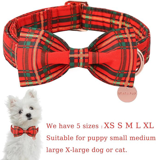Christmas Dog Collar with Bow Tie, Cotton Christmas Plaid Collar for Medium Girl Boy Dog,Red &Green Plaid Dog Collar Bowtie with Durable Metal Buckle,Adorable Pet Collar,M,Neck 13.5-22in