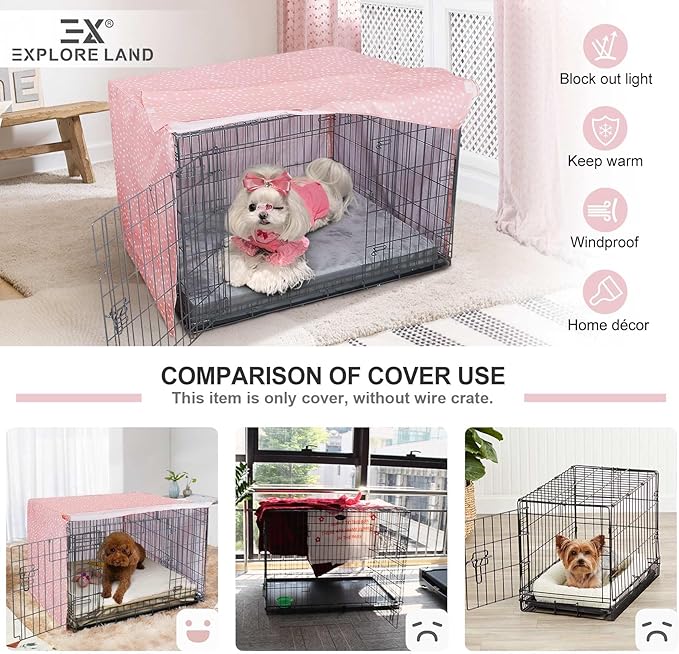 Explore Land Pattern Dog Crate Cover for 30 Inches Wire Cage, Heavy-Duty Polyester 1 2 3 Doors Standard Metal Pet Kennel Enclosure (Princess Pink)