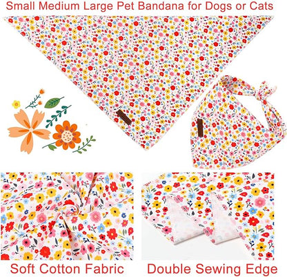 Floral Dog Bandana, UP URARA PUP Flowers Triangle Bid Scarf for Medium Large Dogs, Cotton Kerchief for Girl Boy Puppies, Cute Spring Blossom Bandana,L