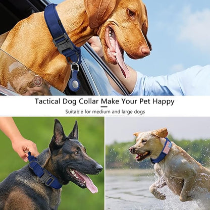 DAGANXI Tactical Dog Collar, Adjustable Military Training Nylon Dog Collar with Control Handle and Heavy Metal Buckle for Medium and Large Dogs, with Patches and Airtags Case (Midnight Blue, M)