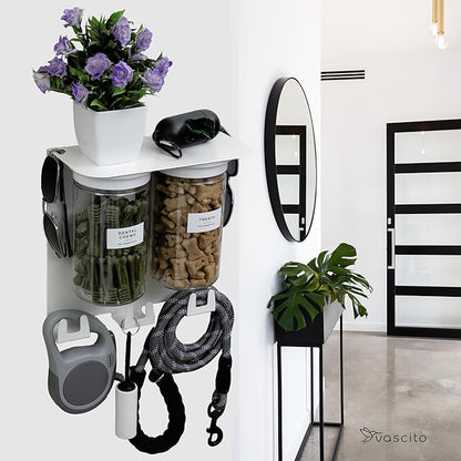Dog Treat Holder For Wall Storage For Pets, Premium Pet Wall Organizer, Includes Two 32oz Airtight Dog Treat Jar, 3 Sets of Triple Hooks, Sturdy Shelf in Designer White