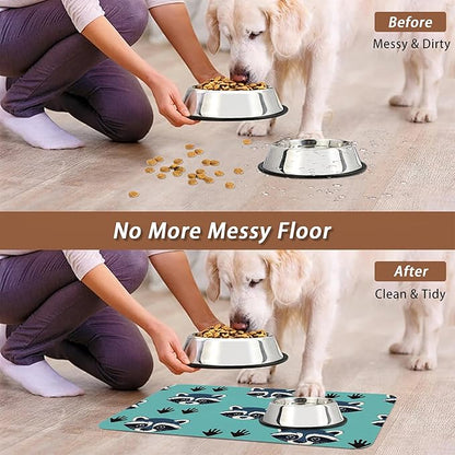 Cute Raccoon Dog Food Mat for Floors,Absorbent Pet Food and Water Bowl Mats,Non-Slip Pet Feeding Mat,Pet Supplies 12" x 20"