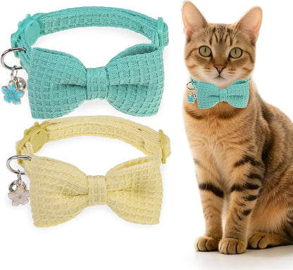 Cat Collar Breakaway with Bells, Soft Cotton Cat Bowtie Collar for Girl Boy Cats, Small Cats Collar with Bow for Spring Summer, 2 Pack Cute Kitten Collars with Removable Bowtie 8-12Inch