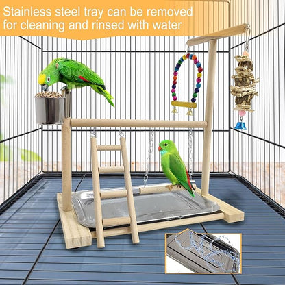 Hamiledyi Bird Playground Parrots Play Stand Natural Wooden Parrot Perch Gym Playpen Pet Parakeet Ladders with Feeder Cups for Cockatoo Conure Cockatiel Cage Accessories Exercise Toy (Include a Tray)
