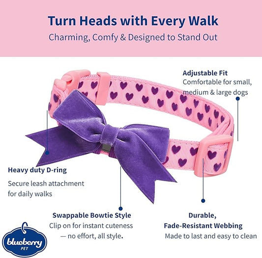 Blueberry Pet Adjustable Flocking Dog Collar with Detachable Velvety Bowtie - Heart in Gothic Grape