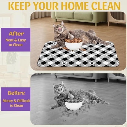 Cat Checked Plaid Dog Cat Food Mat, Absorbent Feeding Mat with Fast-Dry Surface, Rubber Backing for Messy Drinkers – 12x20 Inch