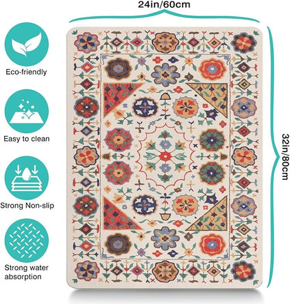 Moroccan Trellis Dog Food & Water Mat, Boho Colorful Vintage Pet Feeding Mat for Floor Non-Slip Waterproof, Super Absorbent Cat Bowl Mat, Easy to Clean Durable Pet Placemat,24" × 32"