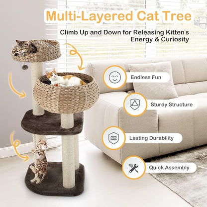 PETSITE 41 Inch Modern Cat Tree for Indoor Cats, Multi-Level Cat Tower with Scratching Posts, Hand-Made Wicker Cat Condo & Top Perch, Dangling Ball, Sisal Rope, Cute Cat Tree for Indoor Cats