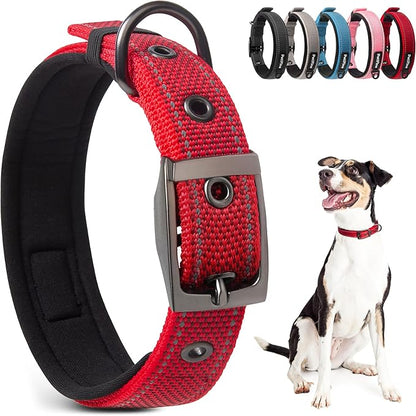 PetiFine Dog Collar for Large Dogs, Neoprene Padded and Adjustable, Reflective Wide Heavy Duty Pet Collars with Durable Metal Belt Buckle for Walking, Red, L