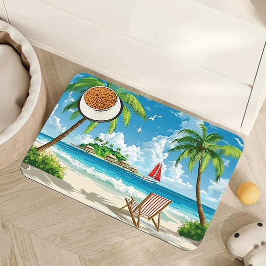 Tropical Beach Dog Food Mat for Floors,Hawaii Palm Tree Absorbent Quick-Dry Pet Feeding Mat, Cat Dog Bowl Mats for Food and Water, Non-Slip Pet Accessories Supplies 12"x20"