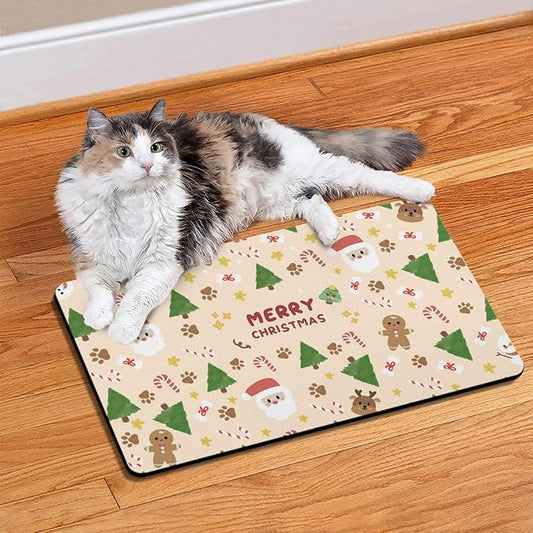Christmas Dog Food & Water Mat, Paw Prints Santa Claus Snowman Xmas Pet Feeding Mat for Floor Non-Slip Waterproof, Super Absorbent Cat Bowl Mat, Easy to Clean Pet Placemat,16" × 24"