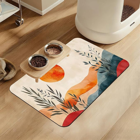 Boho Mountain Sun Pet Food Mat for Cats and Dogs–Christmas Stocking Absorbent Quick Dry Feeding Placemat, Non Slip Rubber Base, Waterproof Bowl Mat for Indoor Use, Pet Supplies 12"x20"