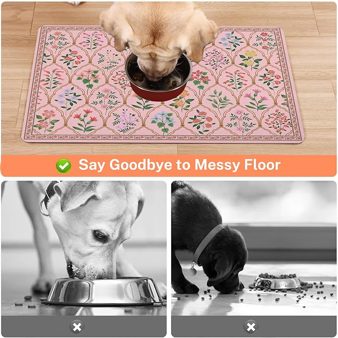 Absorbent Pet Dog Bowl Mat for Food and Water, Pet Cat Food Feeding Mat with Non Slip Rubber Backing, Dog Food Mats for Floors Waterproof, 16"x24"
