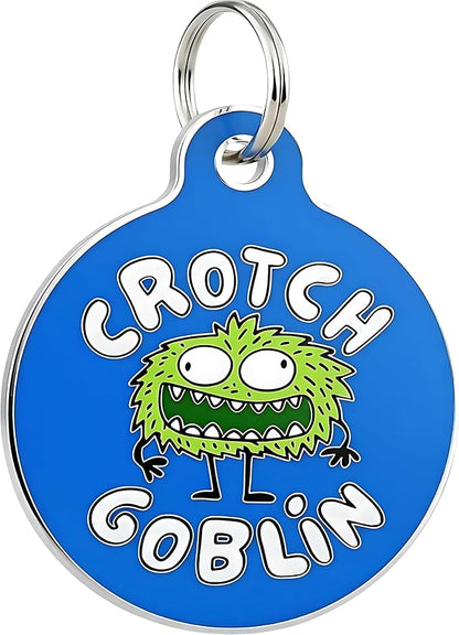 Bad Tags Personalized Dog and Cat ID Tags in 25+ Designs and 2 Sizes - 5 Lines of Custom Engraved Text - Funny Cute Personalized Pet Tags (Crotch Goblin, Large (1.25 inch))