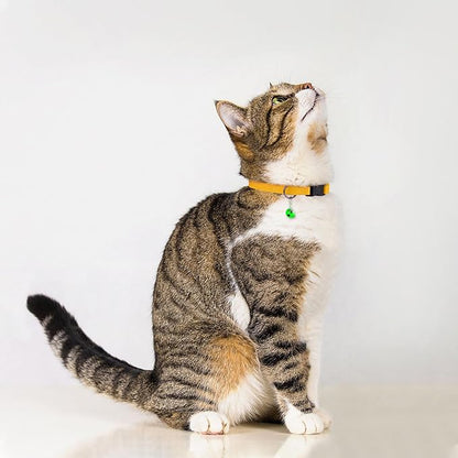 Breakaway Cat Collar with Bell - Leather Adjustable Kitten Collars with Safety Quick Release Buckle - Soft Small Pet Collars for Girl & Boy Cats (Yellow)