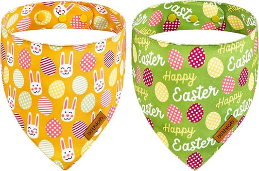 Easter Dog Bandanas with Snap Button, 2 Pack Reversible Spring Bandana for Boy & Girl, Premium Durable Fabric, Bunny and Egg Dog Scarf for Small Dogs (Small)