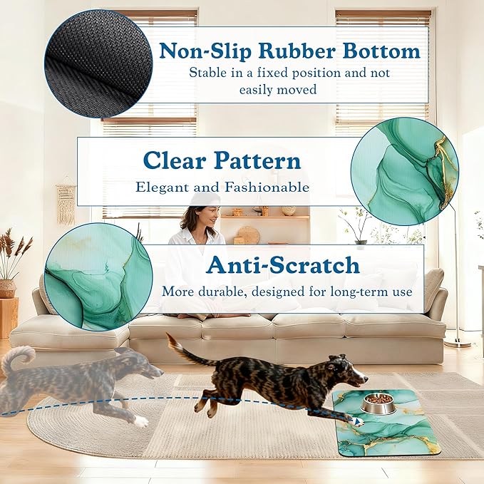 Green Marble Pet Feeding Mat for Floors–Christmas Stocking Absorbent Quick Dry Dog Cat Bowl Mat for Food and Water, Non Slip Waterproof Base, Mess-Free Feeding Accessories 16"x24"