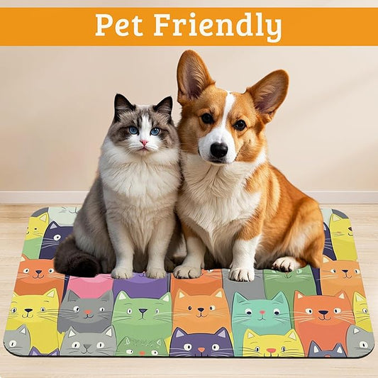 Cute Colorful Cats Dog Food Mat, Absorbent Pet Feeding Mat for Food and Water Bowl,Quick Dry Dog Placemat Non Slip Rubber Backing Waterproof Pet Supplies 12" x 20"