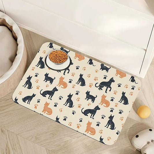 Cute Cat Paw Prints Dog Food Mat for Floors,Vintage Boho Absorbent Pet Food and Water Bowl Mats,Non-Slip Pet Feeding Mat,Pet Supplies 16" x 24"