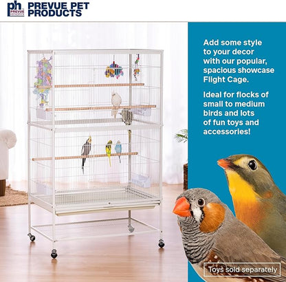 Prevue Pet Products Wrought Iron Bird Flight Cage with Wheels - Large Birdcage for Parakeets, Canaries, Finches, Cockatiels, Lovebirds, Green Cheeks, Metal Standing Birdcage - Chalk White