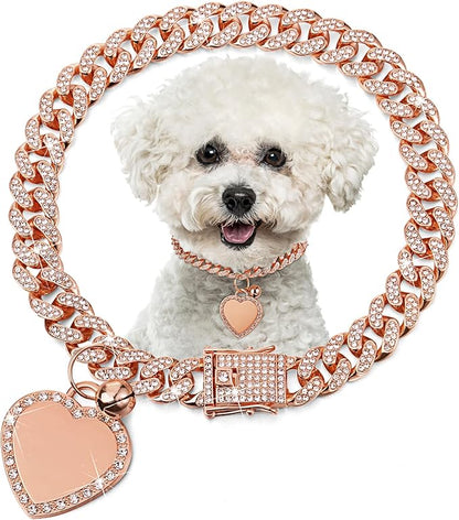 Hillban Dog Chain Gold-Plated Diamond Collar with Heart Rhinestones Jewelry Pet ID Tag Chain Bling Puppy Collar with Personalized Name Tag for Small Medium Large Dog Cat(Rose Gold,12 Inch)