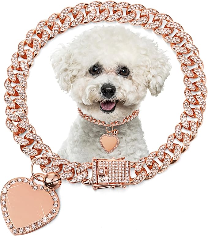 Hillban Dog Chain Gold-Plated Diamond Collar with Heart Rhinestones Jewelry Pet ID Tag Chain Bling Puppy Collar with Personalized Name Tag for Small Medium Large Dog Cat(Rose Gold,8 Inch)