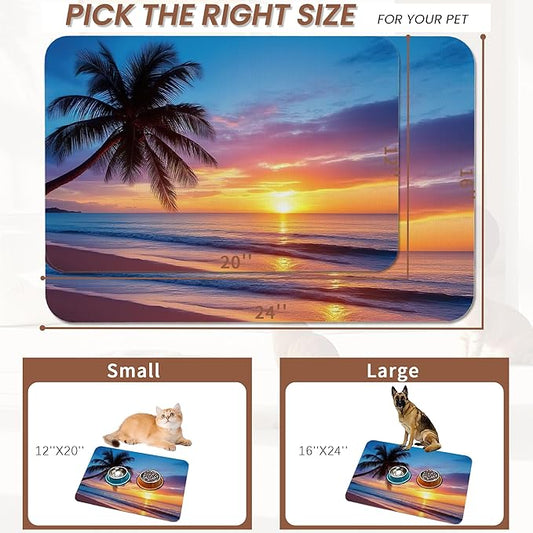 Tropical Palm Pet Feeding Mat,Sunset Trees Sea Beach Absorbent Quick-Dry Cat Dog Food and Water Bowl Mats, Non-Slip Rubber Backing Mat, Cat Dog Accessories Supplies 16"x24"