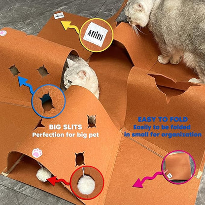 Interactive Cat Tunnel Mat for Indoor Cats, 4-Way Felt Cat Cave with Hanging Ball, Foldable Kitty Play Mat and Hideout, Pet Enrichment Toy for Kittens, Rabbits, Small Pets