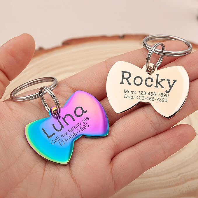 Anavia Personalized Pet ID Tags, Stainless Steel Glossy Laser Engraved Dog Cat Collar Name Tags, Multiple Colors Shapes Sizes (Bow Tie, Small)