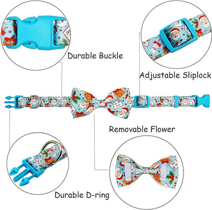 Christmas Dog Collar with Bow Tie Set, Holiday Santa Claus Pattern Pet Collar for Small Medium Large Dogs, Adjustable Puppy Collar with Quick Release Buckle