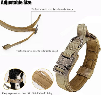 Tactical Dog Collar, Adjustable Military Training Nylon Dog Collar with Control Handle and Heavy Quick-Release Metal Buckle for Small Medium Large Dogs, Brown S