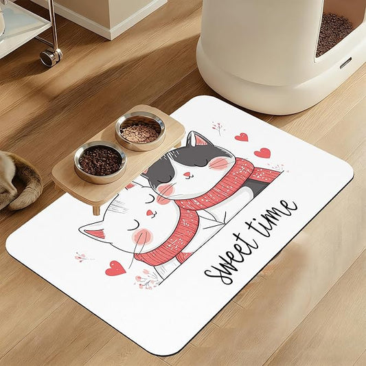 Sweet Cat Lovers Dog Cat Food Mat–Christmas Stocking Absorbent Waterproof Placemat for Food and Water Bowls, Non Slip Rubber Backing, Feeding Mat for Clean Floors 16"x24"