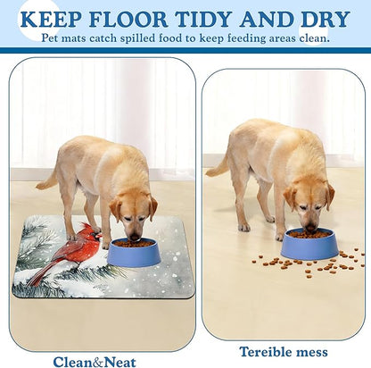 Cardinal Bird Dog Food Mat–Chirstmas Snow Absorbent Quick Dry Feeding Placemat for Food and Water Bowls, Non Slip Rubber Backing, Waterproof Pet Supplies for Mess-Free Eating 16"x24"
