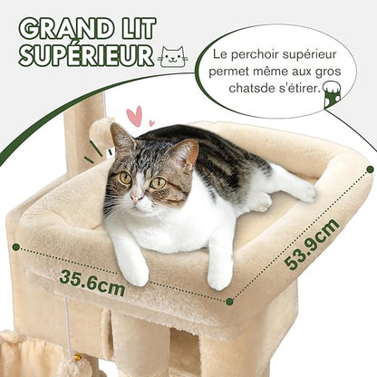 MUTICOR 66 Inches Multi-Level Large Cat Tree Tower for Indoor Big Feline/Cozy Plush Perches/Condo/Sisal Scratching Posts/Hammock and Baskets/Activity Center Play House/Wide Base/Beige