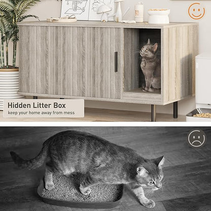Cat Litter Box Enclosure with Cat Scratch Pad, Sliding Door, 37.4" Litter Box Enclosure Furniture Hidden Litter Box, Modern Indoor Cat House, TV Stand, Side End Table for Living Room, Grey