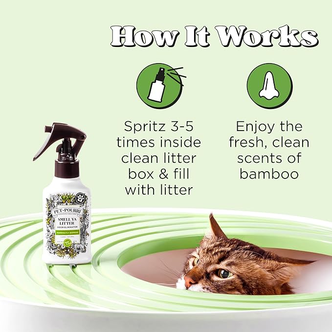 Pet-Pourri Smell Ya Litter Cat Litter Deodorizer Spray, Purrfectly Bamboo 3.4 Fl Oz, Up to 170 Uses, Pet Odor Remover with Essential Oils for Air, Carpet, Urine, Vet Recommended, Bergamot Bamboo Scent